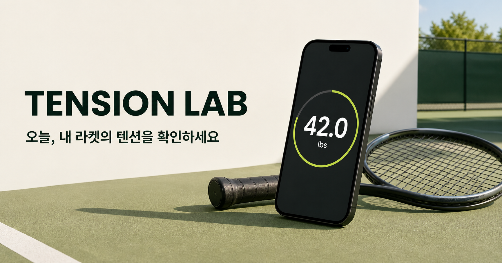 테니스 코트 위 라켓과 42.0lbs를 표시한 Tension Lab 스마트폰
